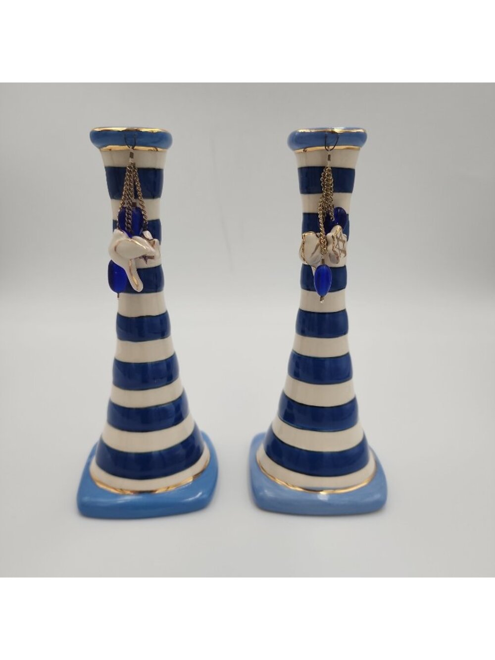 Heather Goldminc Big Sky 2004 Pair Holiday CandleStick Holders Blue White 6.25"